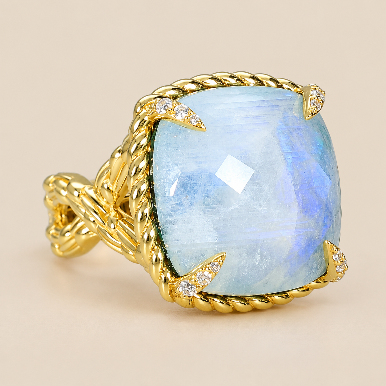 Rainbow Moonstone Doublet Malachite with Natural Zircon Sterling Silver Gold Plated Ring