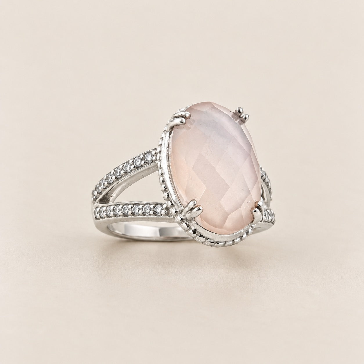 Rose Quartz Doublet Large Gemstone Cocktail Ring Sterling Silver Rhodium for Women