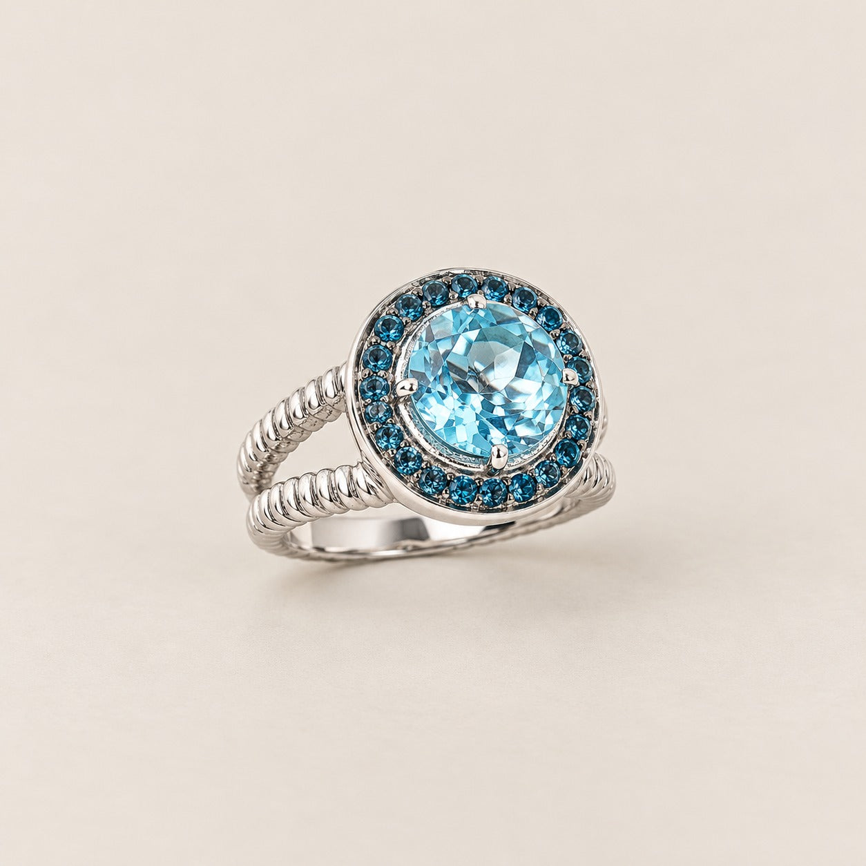 Swiss & London Blue Topaz Sterling Silver Rhodium Ring