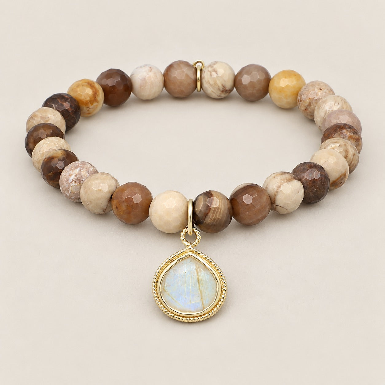 Jasper Gemstone Beaded Stretch Bracelet with Sterling Silver Gold Plated Charm