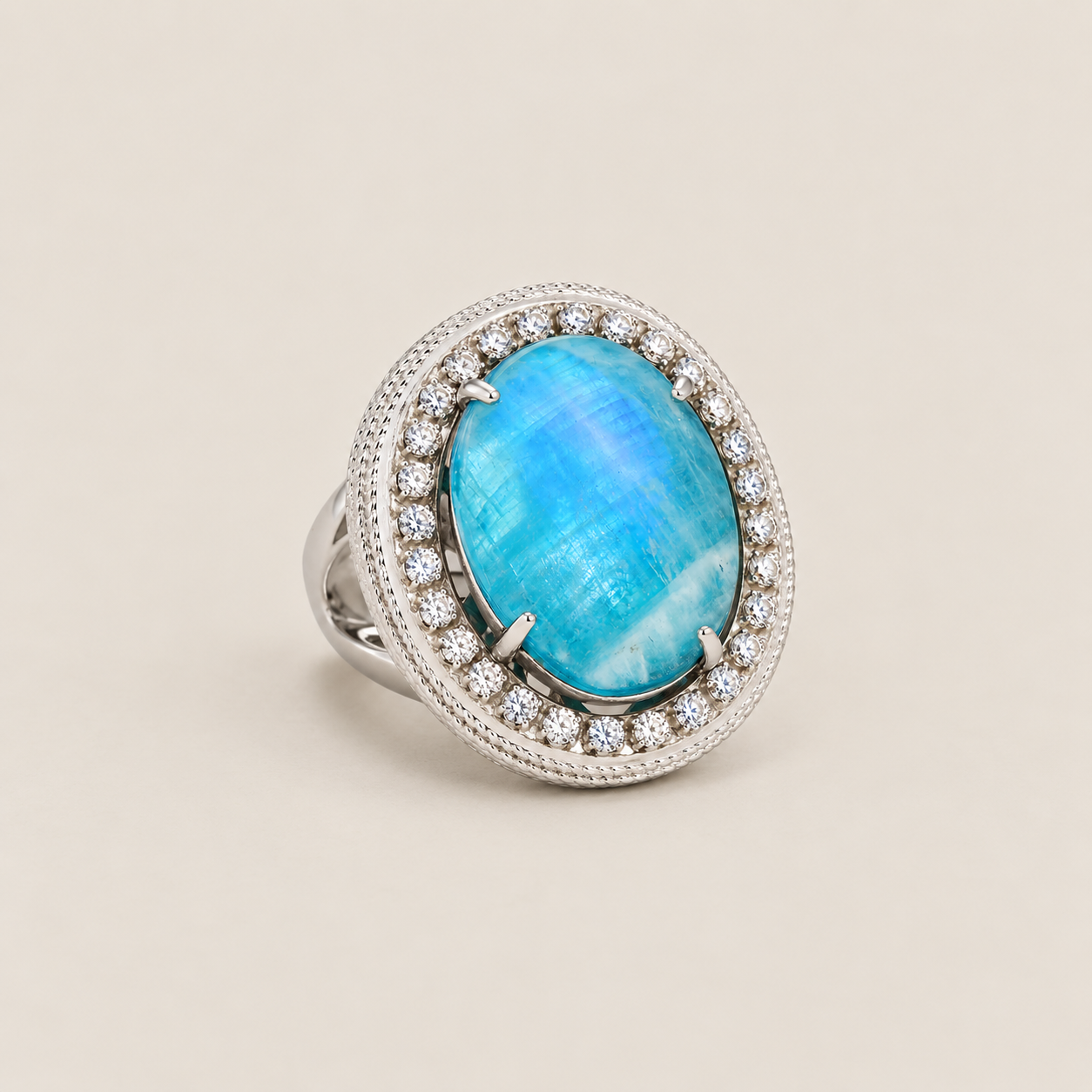 Rainbow Moonstone Doublet Large Gemstone Cocktail Ring Sterling Silver Rhodium