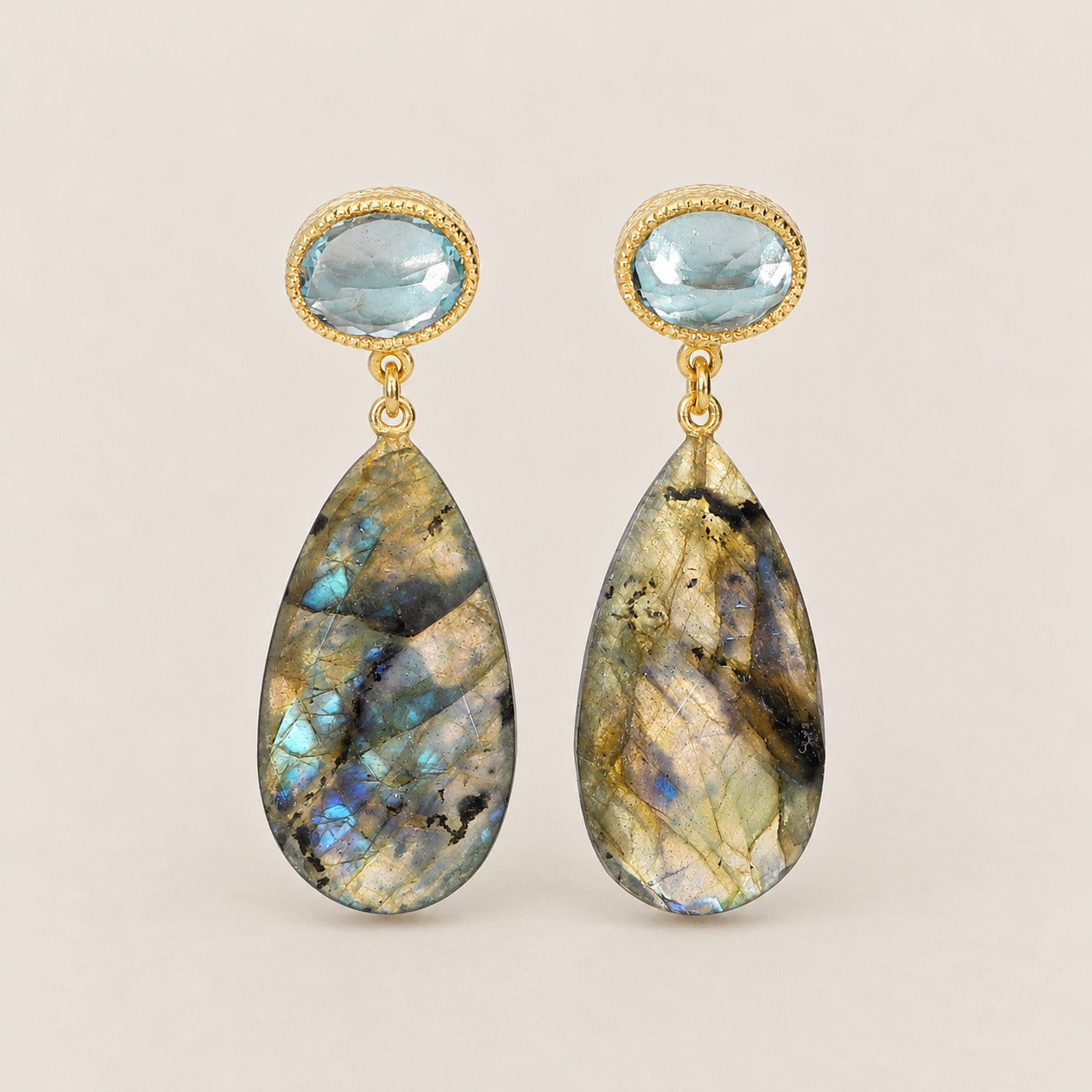 Labradorite Teardrop Dangle Earrings Sterling Silver Gold Plated