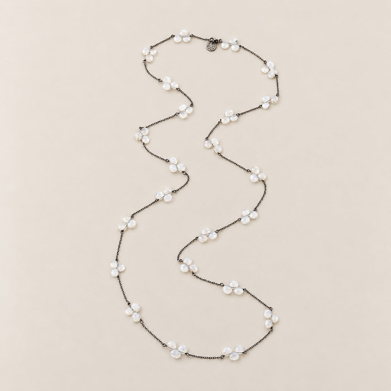 Mystic White Chalcedony Extra Long Strand Vintage Style Necklace Sterling Silver Black Rhodium
