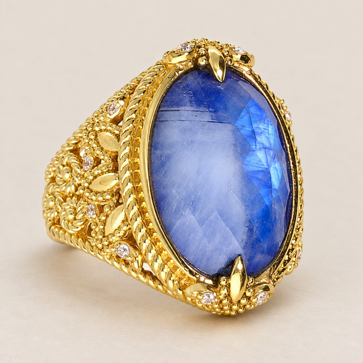 Lapis Lazuli Large Gemstone Cocktail Ring Doublet Sterling Silver Gold Plated for Ladies