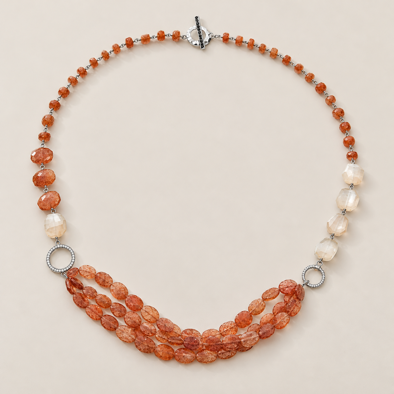 Sunstone Beaded Multi Strand Vintage Fashion Necklace Sterling Silver Rhodium