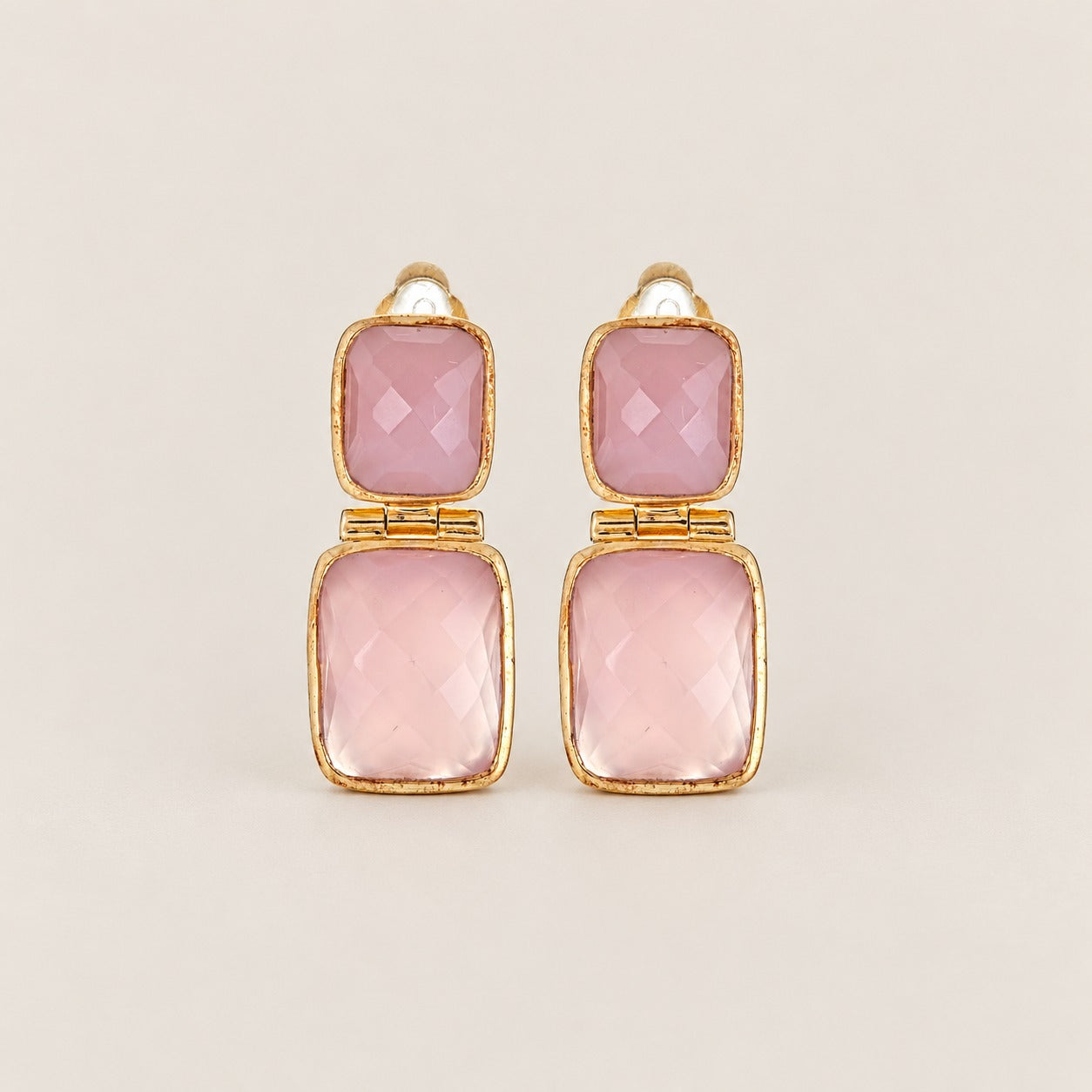 Pink Chalcedony Rectangle Drop Earrings Sterling Silver Gold Plated