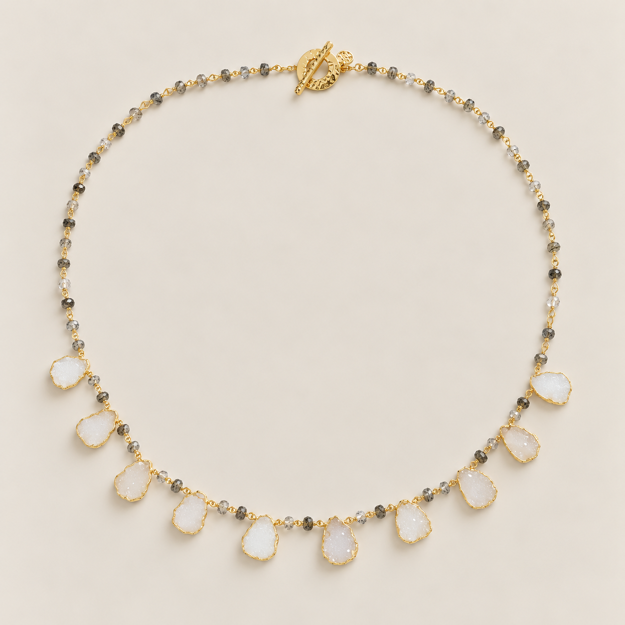Black Rutile and White Druzy Beaded Statement Necklace Sterling Silver Gold Plated