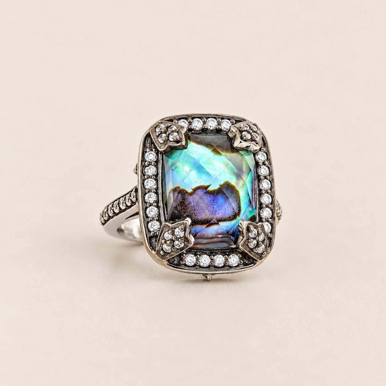 Abalone Statement Cocktail Ring Sterling Silver Black Rhodium for Ladies