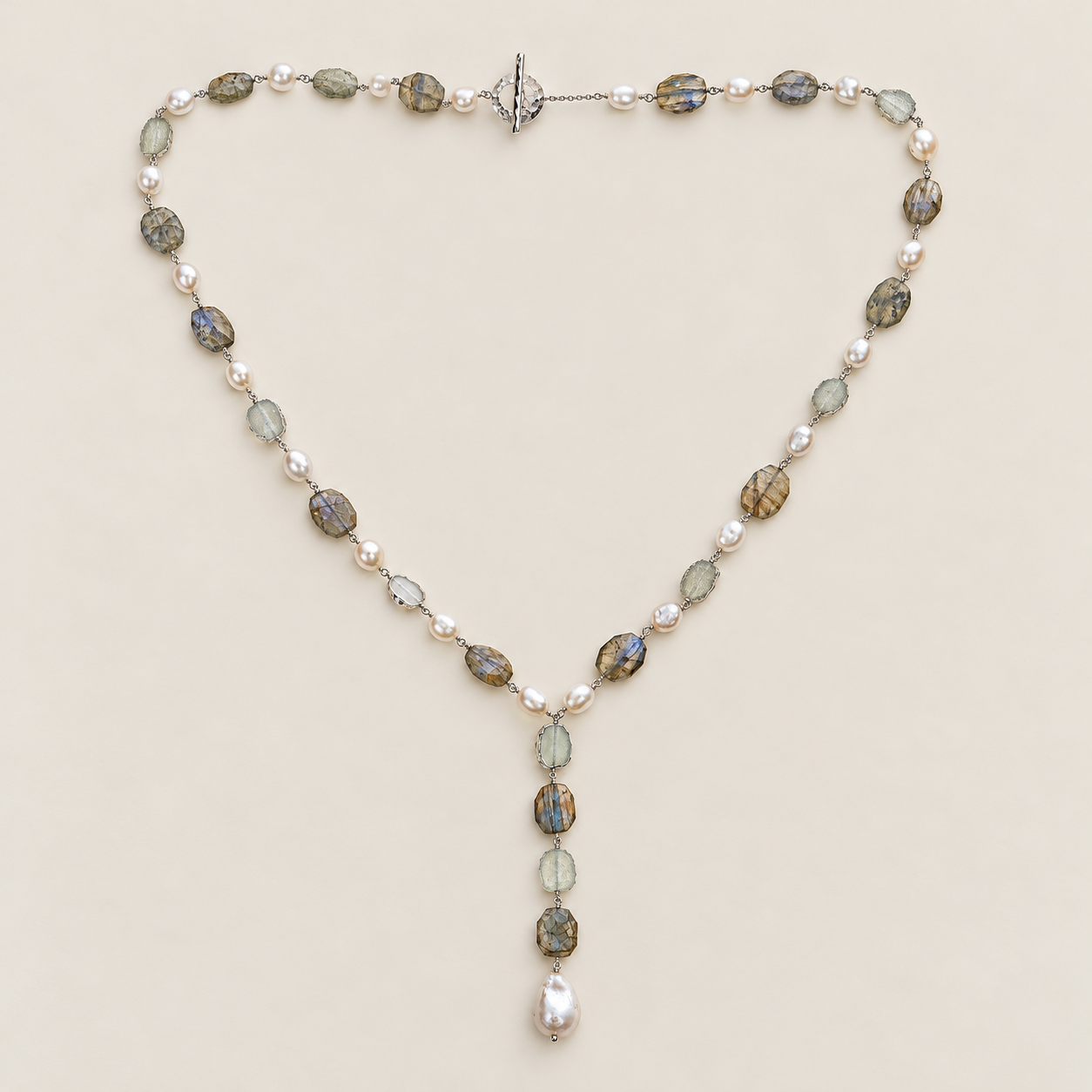 Multi Gemstone Vintage Style 32 Inch Long Beaded Strand Necklace Sterling Silver Rhodium