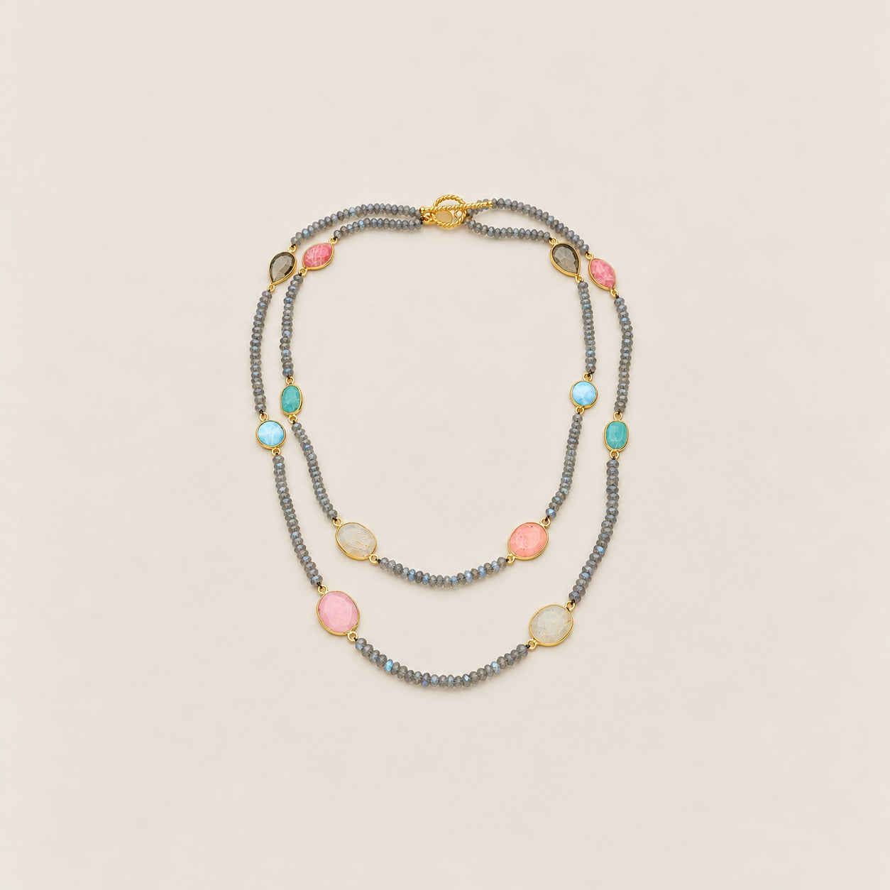 Labradorite and Multi Gemstone Sterling Silver Gold Plated 16 Inch Double Strand Necklace