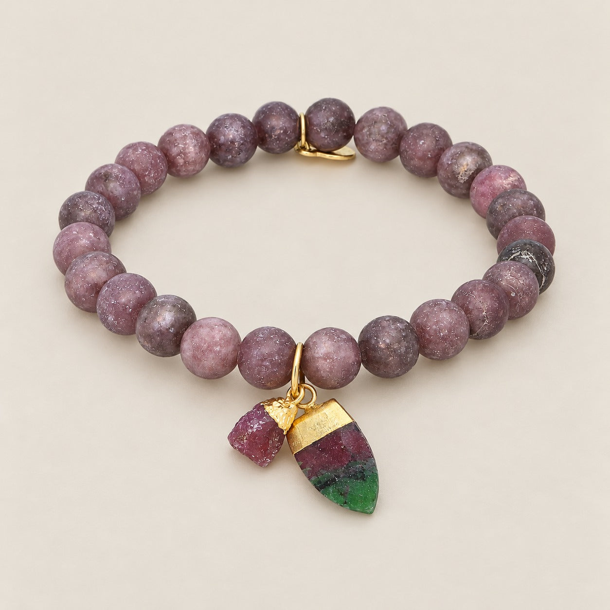 Lepidolite Gemstone Beaded Stretch Bracelet with Sterling Silver Charm