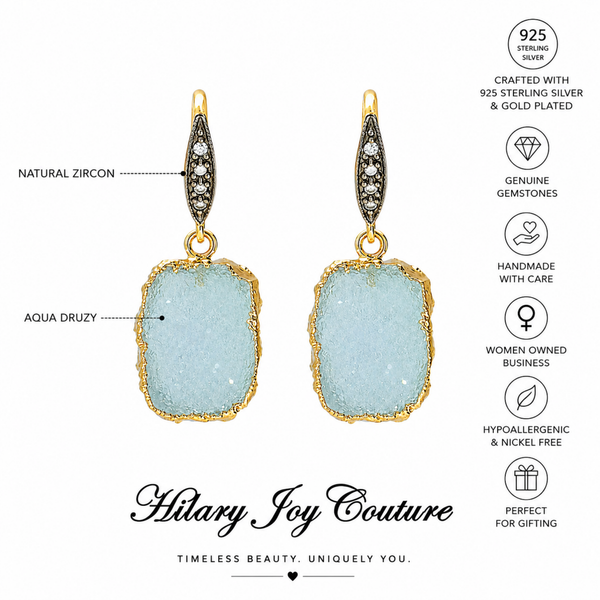 Aqua Druzy Gemstone Drop Earrings Sterling Silver Gold Plated