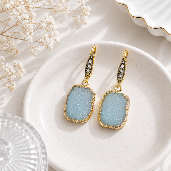 Aqua Druzy Gemstone Drop Earrings Sterling Silver Gold Plated