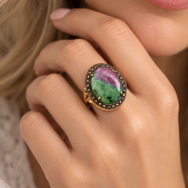Ruby in Zoisite Large Gemstone Statement Cocktail Ring Sterling Silver Gold Plated for Ladies