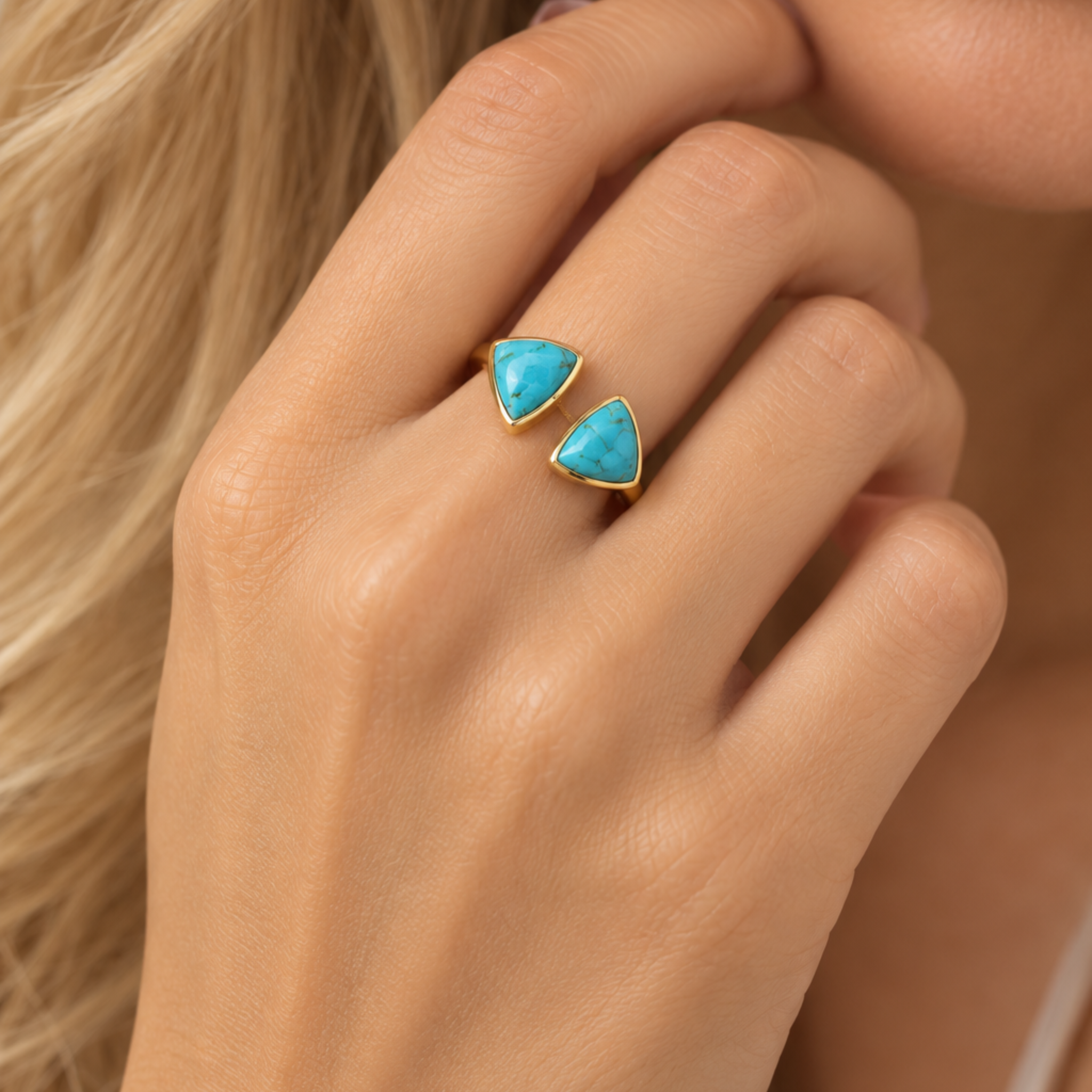Kingman Turquoise Statement Twin Ring Sterling Silver Gold Plated for Women
