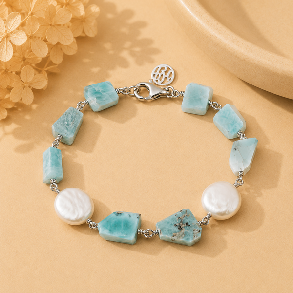 Larimar and Fresh Water Pearl Sterling Silver Handmade Bracelet