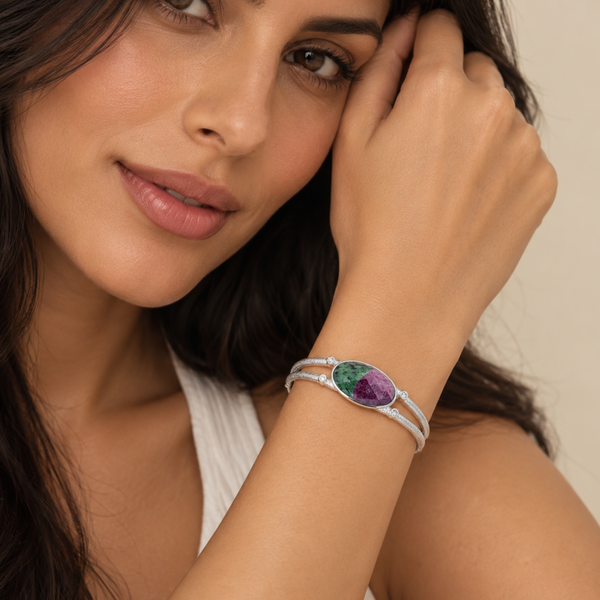 Ruby in Zoisite Sterling Silver Rhodium Gemstone Cuff Bangle Bracelet