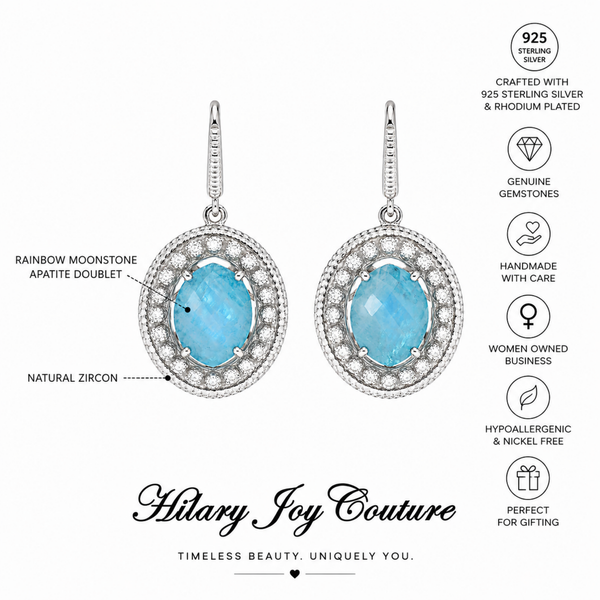 Rainbow Moonstone Doublet Unique Gemstone Drop Earrings Sterling Silver Rhodium