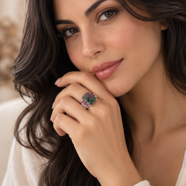 Ruby in Zoisite Statement Cocktail Ring Sterling Silver Rhodium for Women