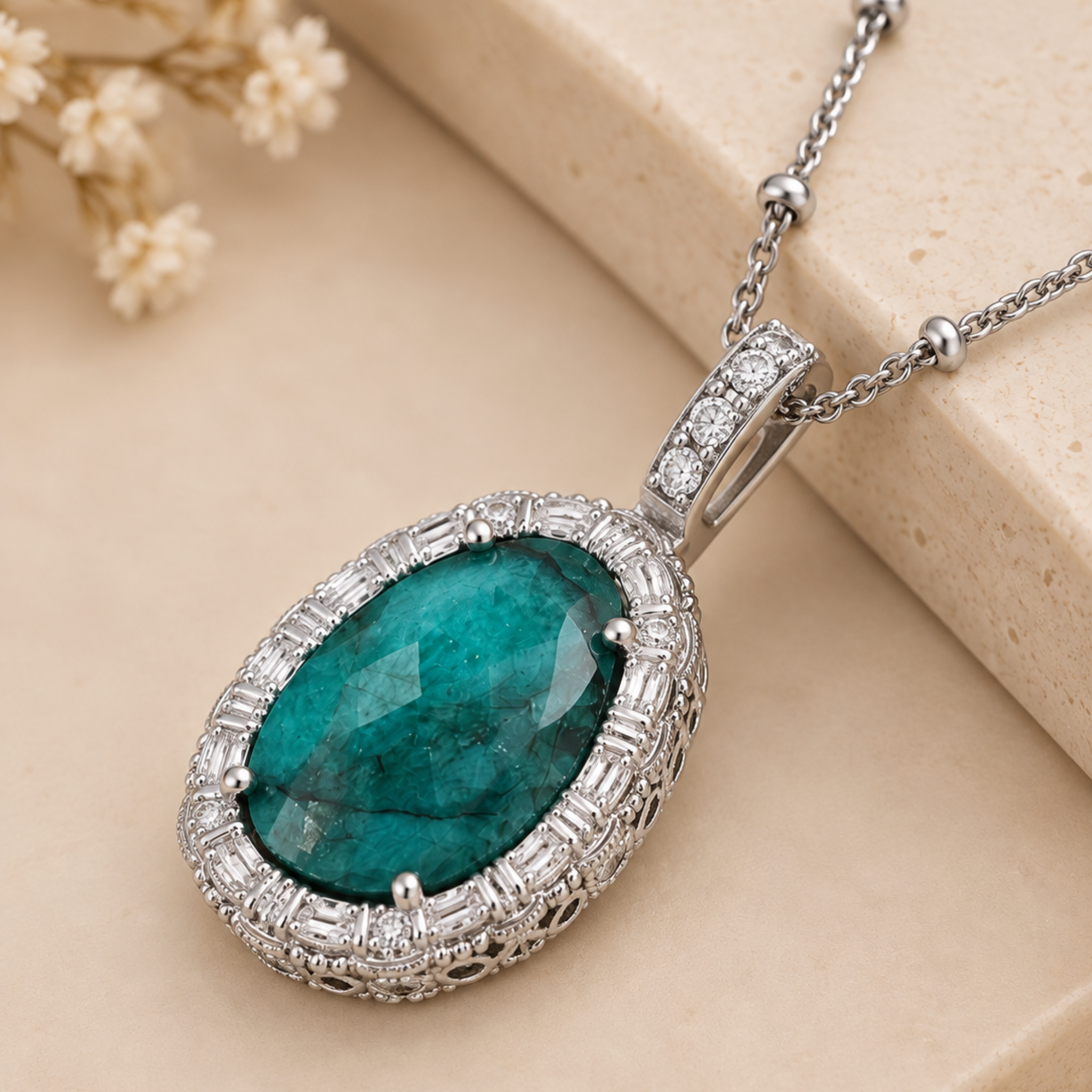 Emerald Statement Pendant Silver Necklace 18 Inch Chain with 2 Inch Extender enhancer Sterling Silver Rhodium