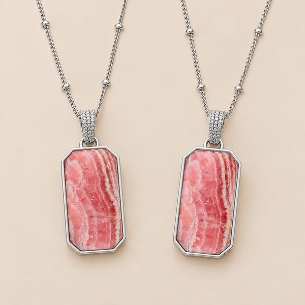 Rhodochrosite Gemstone Long Pendant Necklace 18 Inch Chain Sterling Silver Rhodium with 2 Inch Extender enhancer