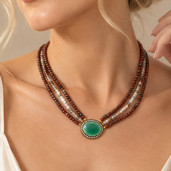 Green Onyx and Jasper Extra Long Beaded Multi Strand Vintage Necklace Sterling Silver Gold Plated