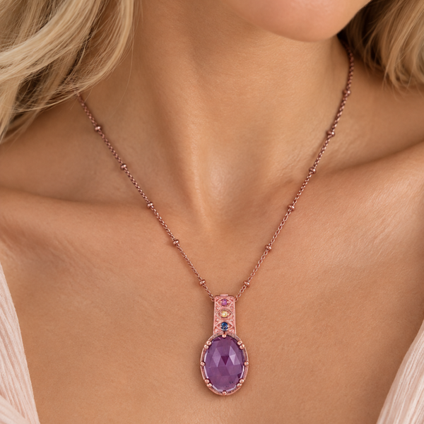 Ruby Gemstone Statement Pendant Necklace 18 Inch Chain Sterling Silver Rose Gold Plated enhancer with 2 Inch Extender