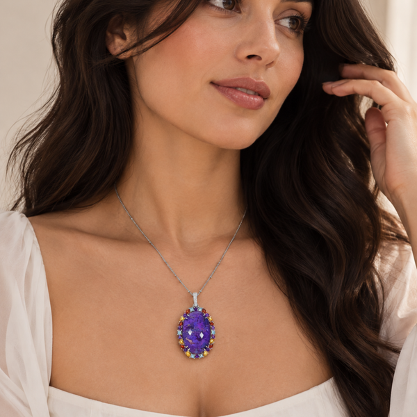 Purple Stabilized Turquoise and Multi Gemstone Sterling Silver Rhodium 30 Inch Satellite Chain enhancer Pendant