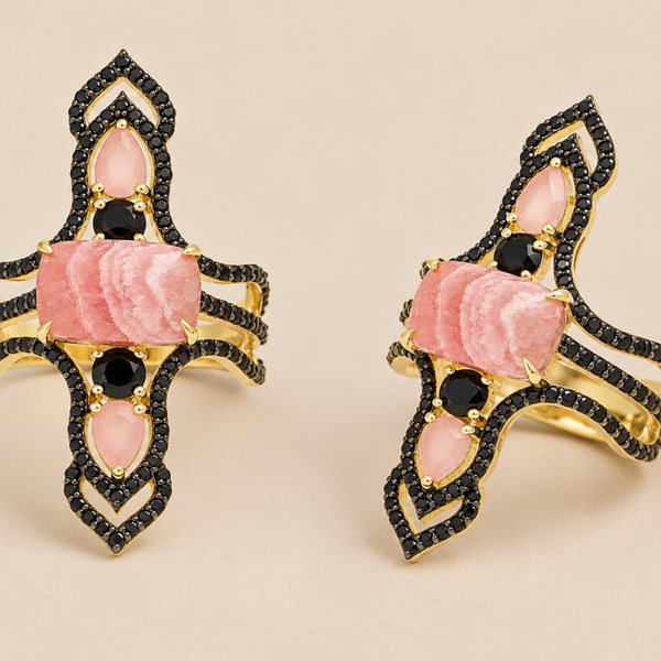 Rhodochrosite and Black Spinel Statement Dinner Ring Sterling Silver Gold Plated for Women