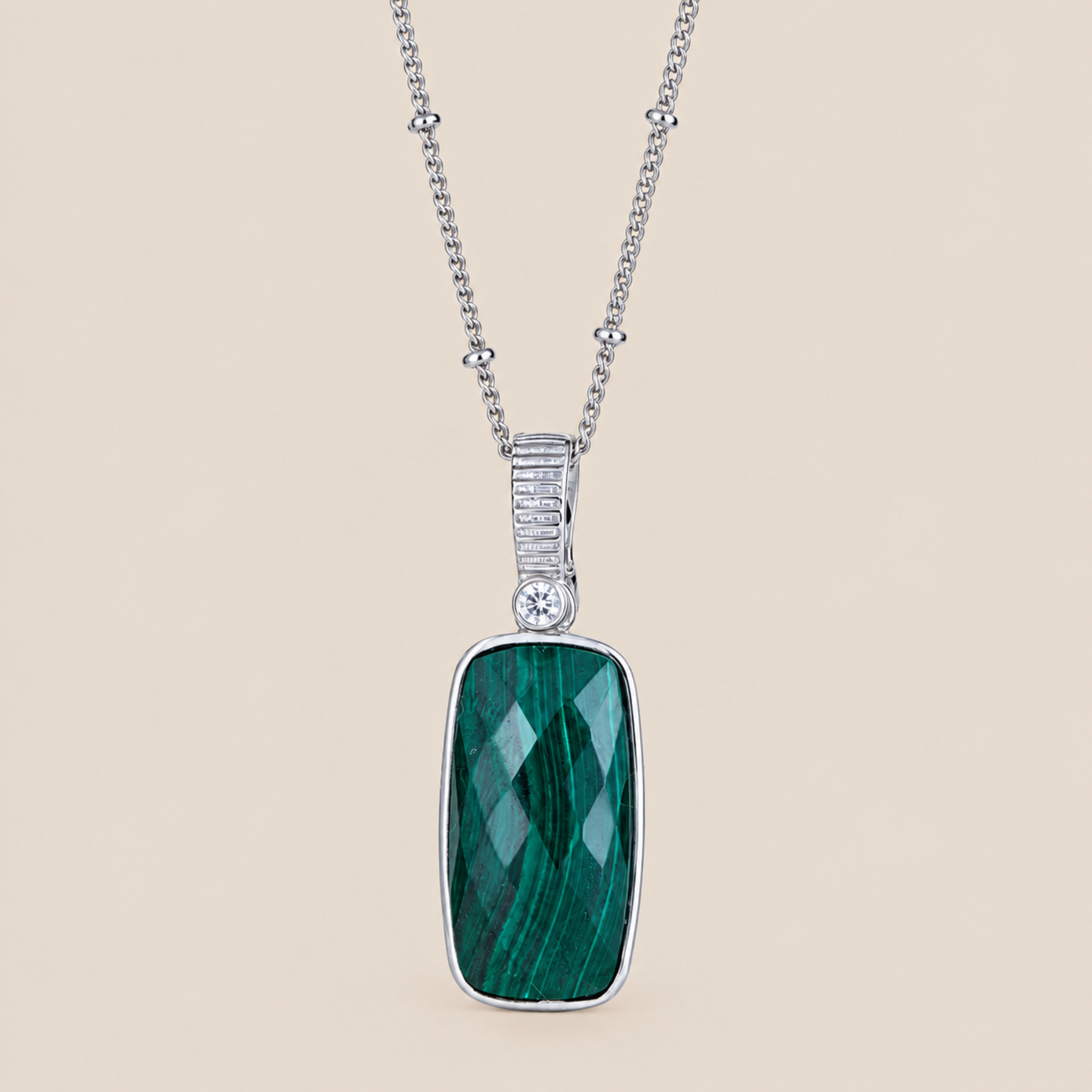 Malachite Gemstone Statement Pendant Silver Necklace 18 Inch Chain Sterling Silver Rhodium enhancer  with 2 Inch Extender