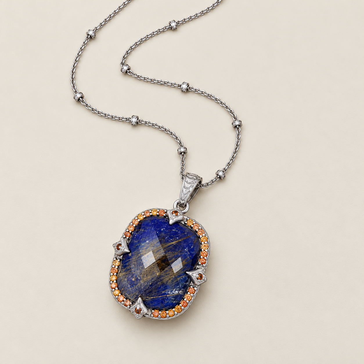 Lapis and Rutilated Quartz Doublet Long Chain Statement Pendant Necklace Sterling Silver Rhodium