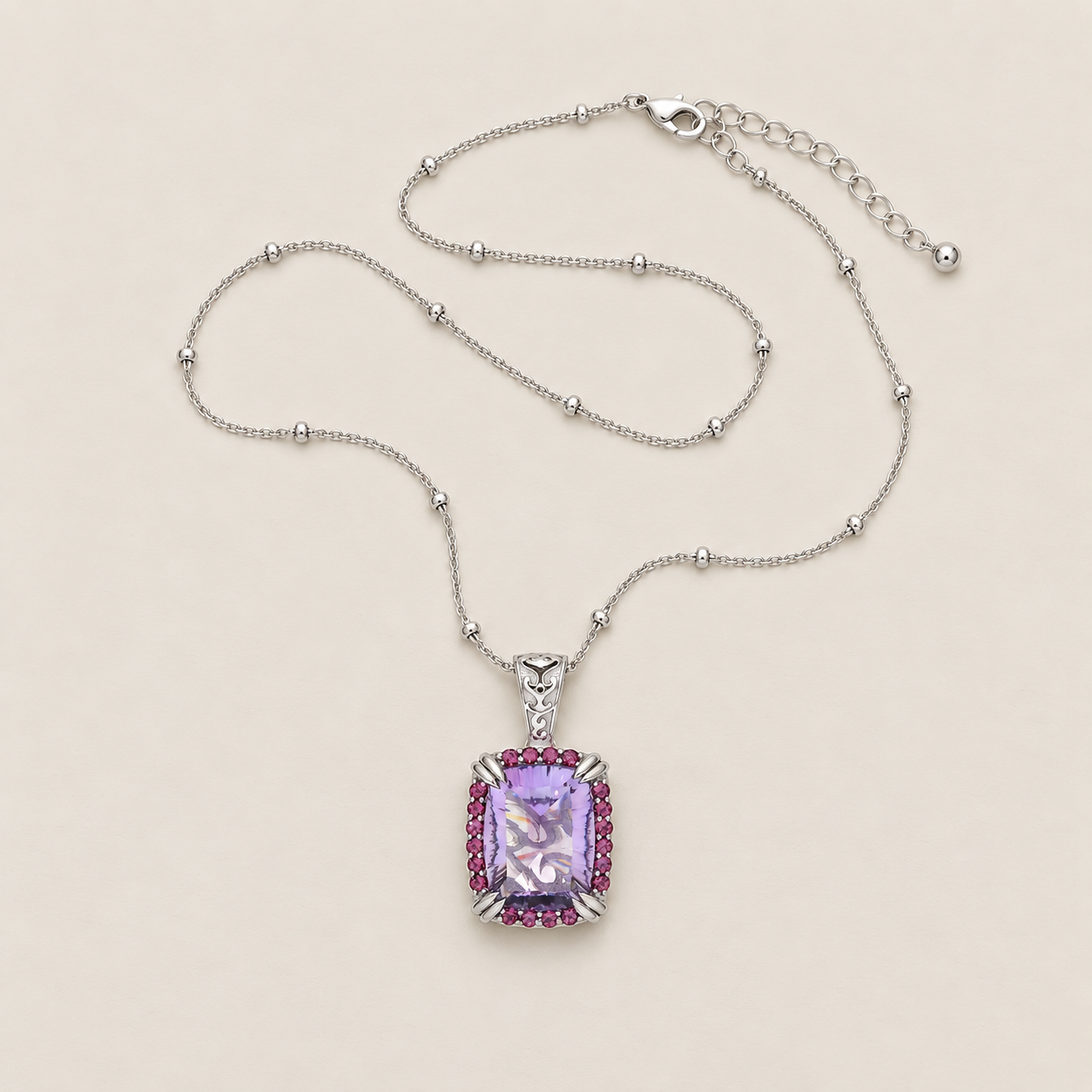 Pink Amethyst Gemstone Long Chain Statement Pendant Necklace Sterling Silver Rhodium