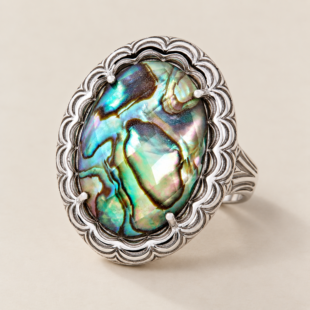 Abalone Doublet Large Gemstone Vintage Cocktail Ring Sterling Silver Rhodium for Women