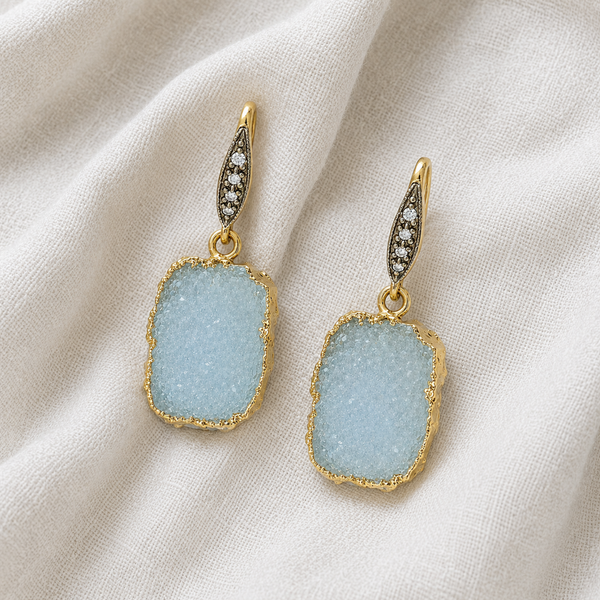 Aqua Druzy Gemstone Drop Earrings Sterling Silver Gold Plated
