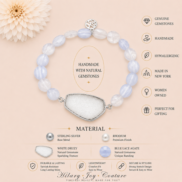 White Druzy and Blue Lace Agate Beaded Stretch Bracelet with Charm