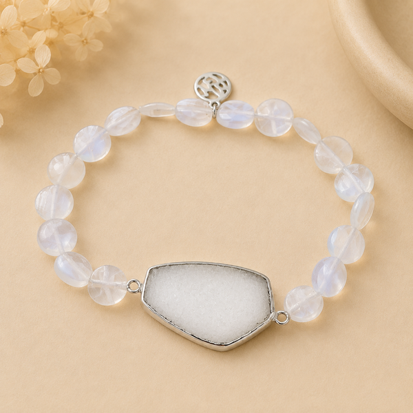 White Druzy and Blue Lace Agate Beaded Stretch Bracelet with Charm