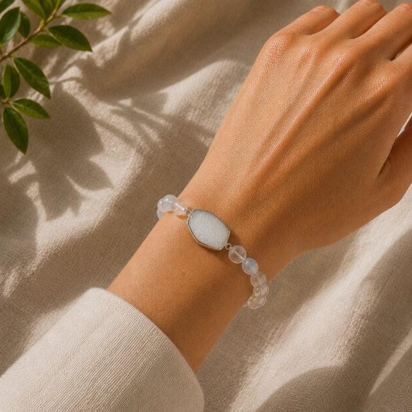White Druzy and Blue Lace Agate Beaded Stretch Bracelet with Charm