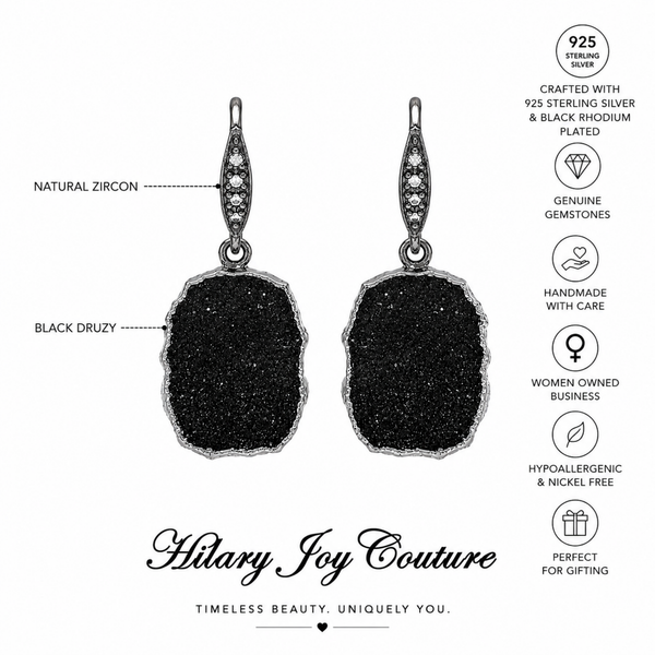 Black Druzy Gemstone Drop Earrings Sterling Silver Rhodium