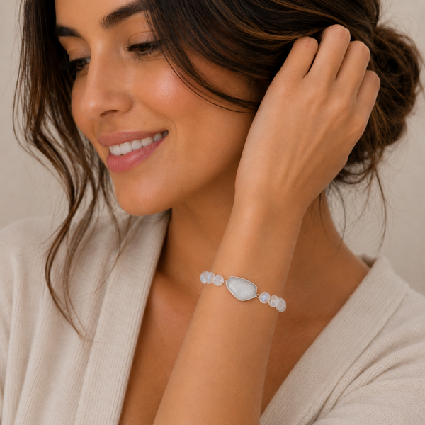 White Druzy and Blue Lace Agate Beaded Stretch Bracelet with Charm