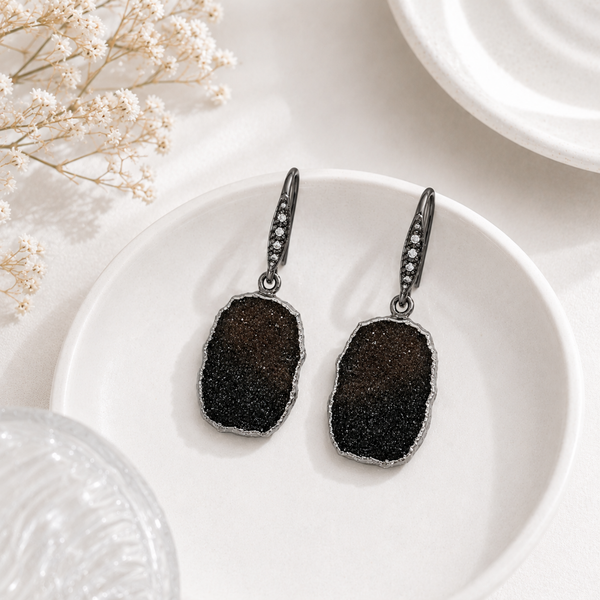Black Druzy Gemstone Drop Earrings Sterling Silver Rhodium