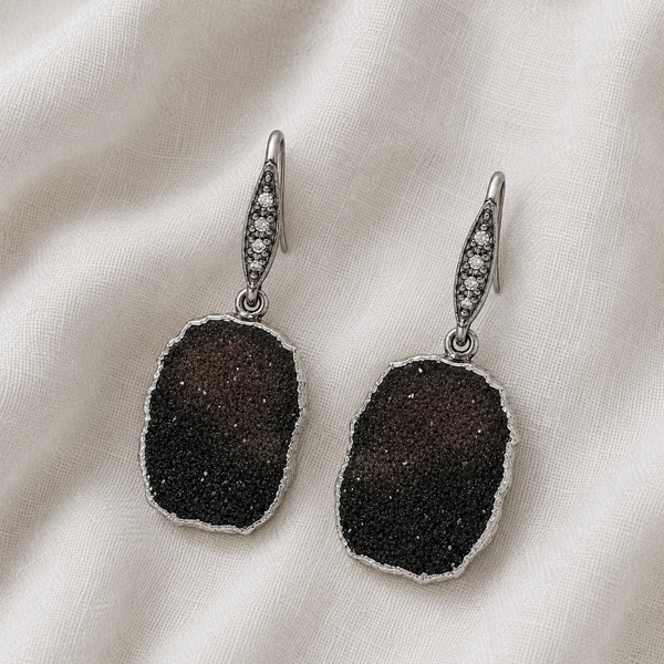 Black Druzy Gemstone Drop Earrings Sterling Silver Rhodium