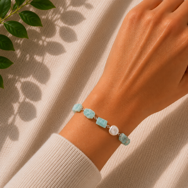Larimar and Fresh Water Pearl Sterling Silver Handmade Bracelet