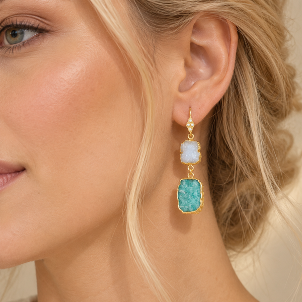 White Druzy Amazonite and Apatite Sterling Silver Gold Plated Earrings