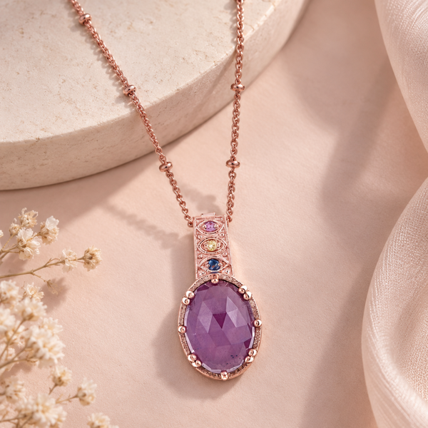 Ruby Gemstone Statement Pendant Necklace 18 Inch Chain Sterling Silver Rose Gold Plated enhancer with 2 Inch Extender