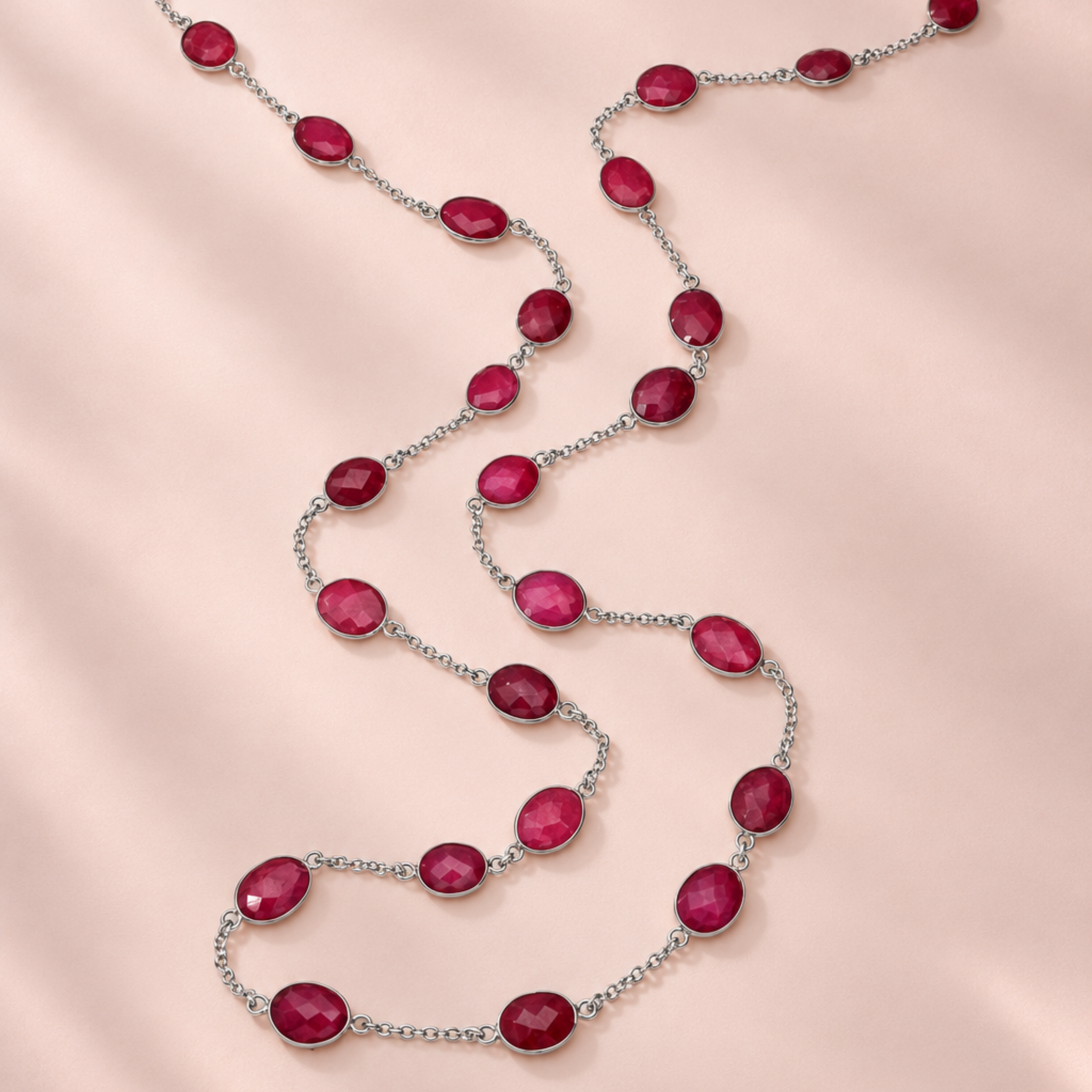 Dyed Ruby Corundum Extra Long Strand Vintage Style Silver Necklace