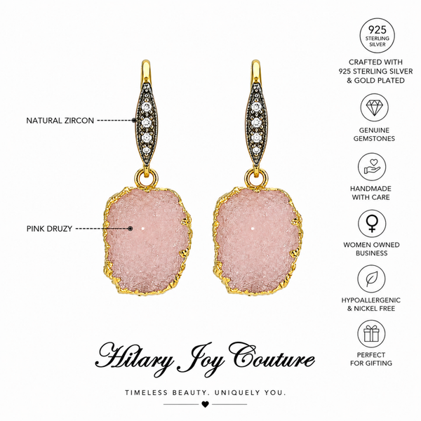 Pink Druzy Gemstone Drop Earrings Sterling Silver Gold Plated