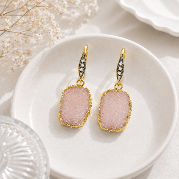 Pink Druzy Gemstone Drop Earrings Sterling Silver Gold Plated