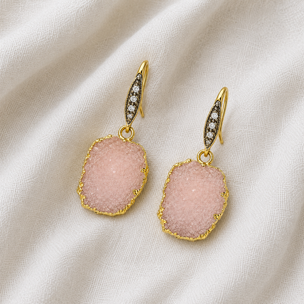 Pink Druzy Gemstone Drop Earrings Sterling Silver Gold Plated