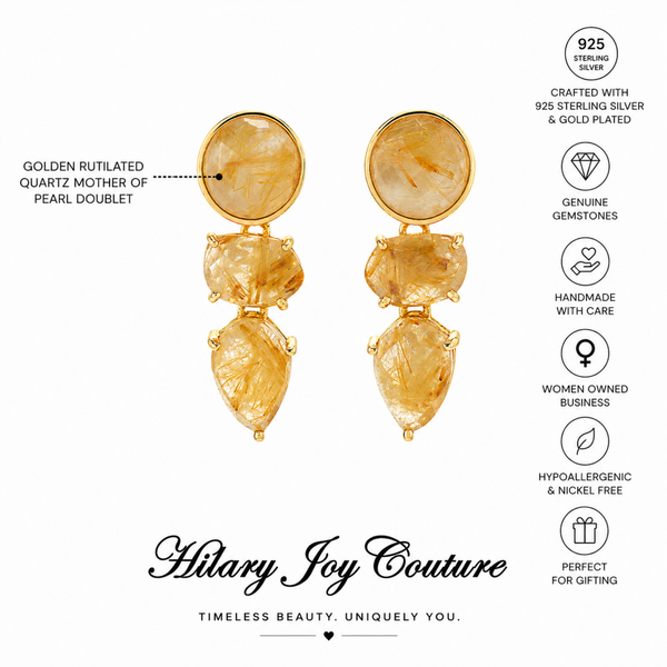Golden Rutilated Quartz Sterling Silver Gold Plated Earrings
