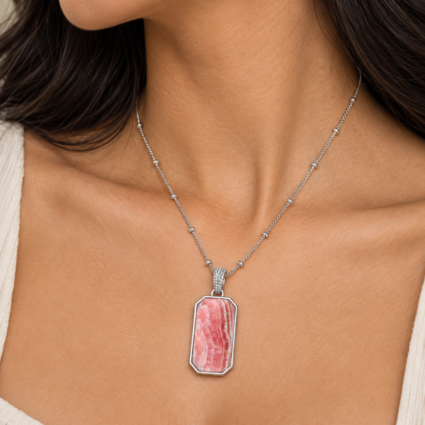 Rhodochrosite Gemstone Long Pendant Necklace 18 Inch Chain Sterling Silver Rhodium with 2 Inch Extender enhancer